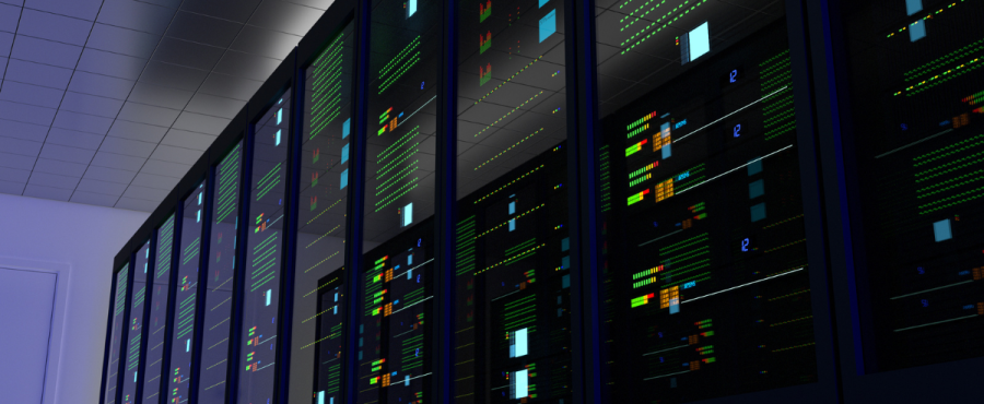 Image of a modern server room with illuminated data racks and blinking lights, showcasing advanced technology infrastructure.